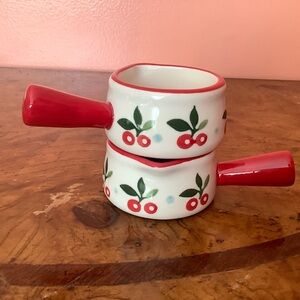 Ceramic Miniature Individual Milk Creamers Syrup 2oz Cherries Red Handle